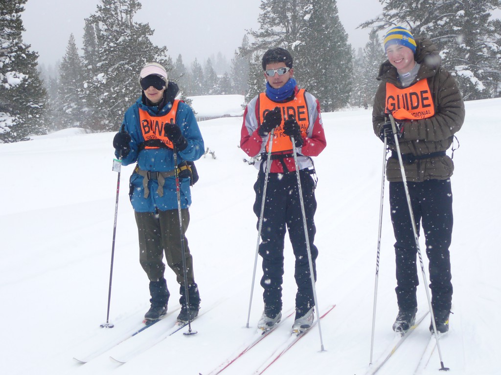 Skier Marilyn Gerhard and Guides Jake Kamenetsky and Grayson Forsberg at the 2010 3 day SRSFL Event.