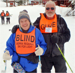 Sue Mangis off for a ski lesson with instructor guide John Eaton.